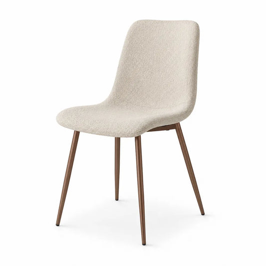 Sedia da pranzo imbottita in tessuto bouclé beige con schienale curvo e gambe in acciaio verniciato marrone 52 x 56 x 84 cm