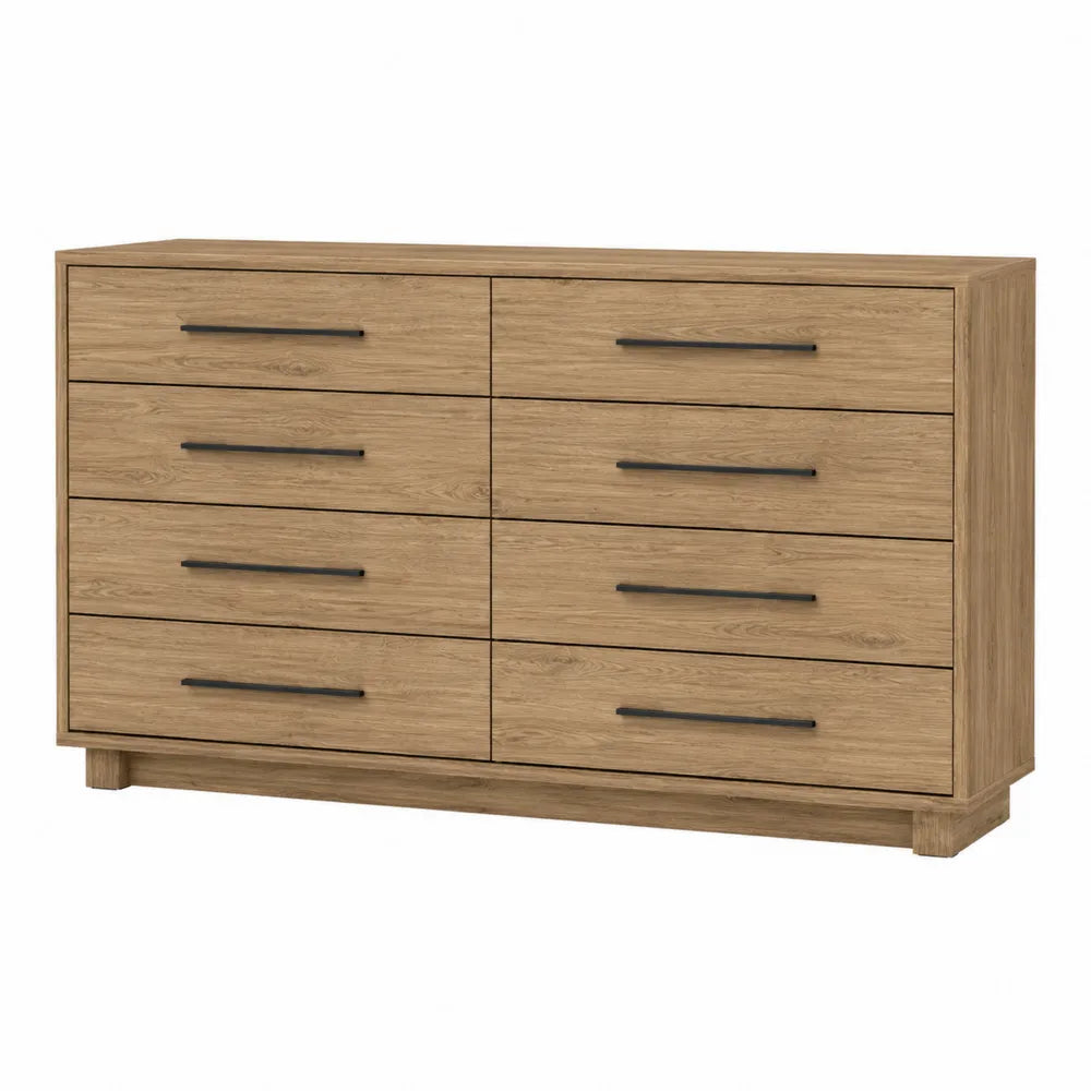 Cassettiera rettangolare a 8 cassetti in MDF effetto rovere naturale con maniglie nere 160 x 40 x 80 cm