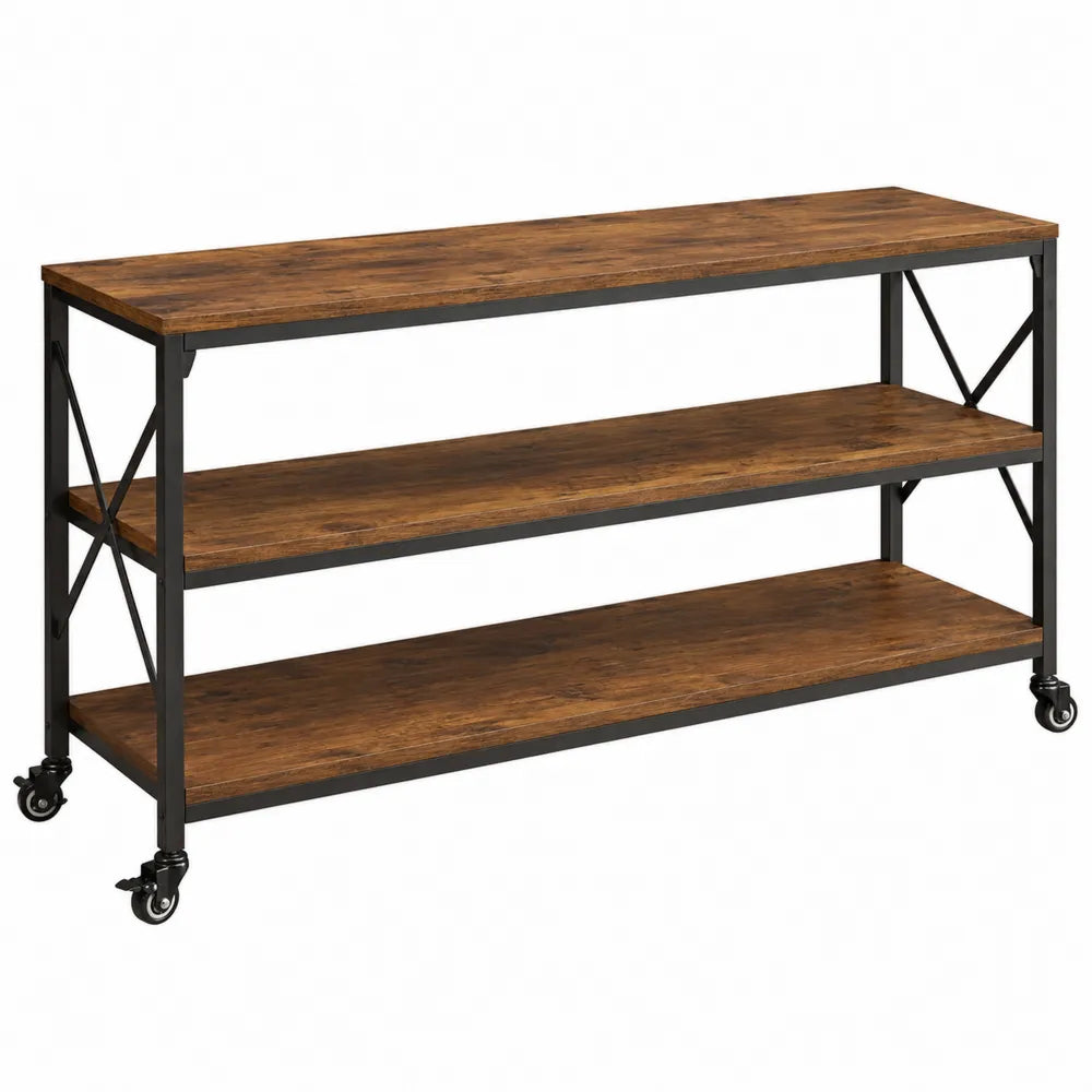 Mobile TV con ruote scaffale a 3 ripiani in acciaio nero e legno effetto noce 120 cm 40 cm 80 cm