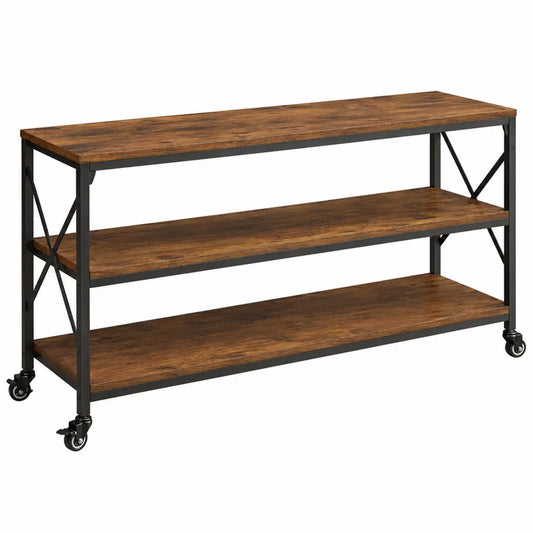 Mobile TV con ruote scaffale a 3 ripiani in acciaio nero e legno effetto noce 120 cm 40 cm 80 cm