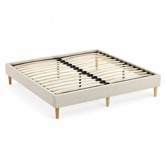 Struttura letto matrimoniale rettangolare imbottita in MDF e tessuto poliestere beige chiaro con doghe in pino e gambe in legno 160 x 200 cm