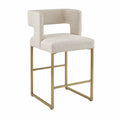 Sgabello da bar con schienale imbottito seduta in tessuto beige telaio rettangolare in acciaio color oro 52 x 55 x 95 cm