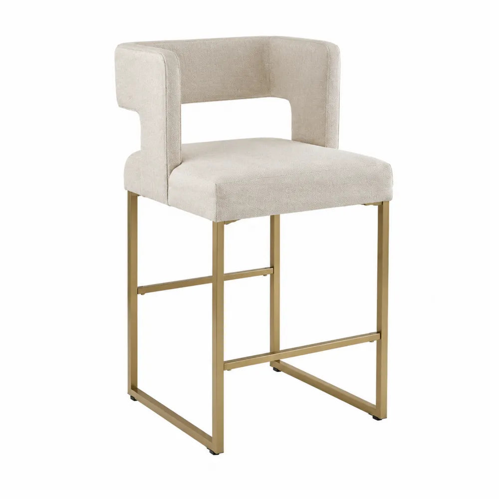 Sgabello da bar con schienale imbottito seduta in tessuto beige telaio rettangolare in acciaio color oro 52 x 55 x 95 cm