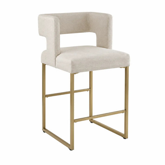 Sgabello da bar con schienale imbottito seduta in tessuto beige telaio rettangolare in acciaio color oro 52 x 55 x 95 cm