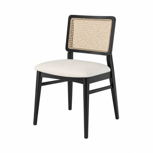 Sedia da pranzo con schienale in rattan naturale seduta imbottita in tessuto beige e struttura in legno nero 52 x 56 x 82 cm