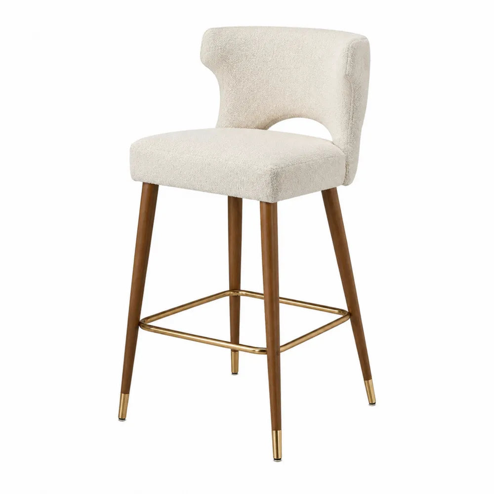 Sgabello da bar con schienale aperto in tessuto bouclé beige struttura in legno naturale e poggiapiedi oro 45 x 50 x 95 cm