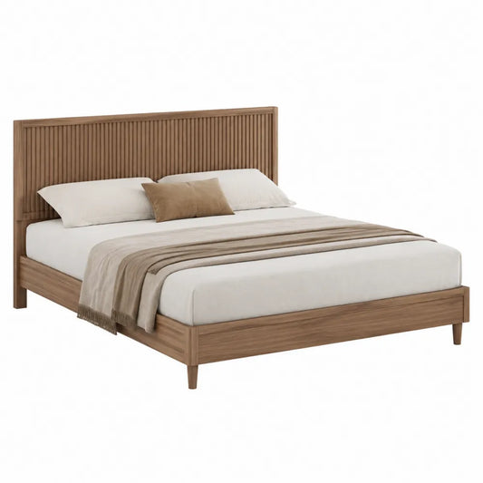 Letto matrimoniale rettangolare in legno massello di rovere naturale con testiera a doghe verticali e rete a doghe 160 x 200 cm