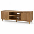Mobile TV rettangolare in MDF effetto rovere naturale con 2 ante scorrevoli a doghe e vano centrale aperto 160x40x60 cm