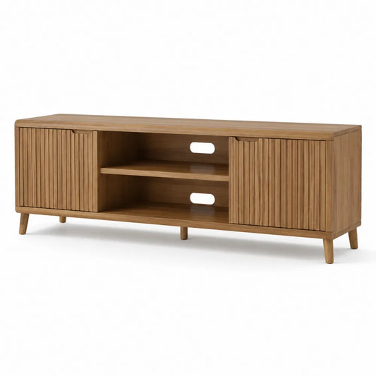 Mobile TV rettangolare in MDF effetto rovere naturale con 2 ante scorrevoli a doghe e vano centrale aperto 160x40x60 cm