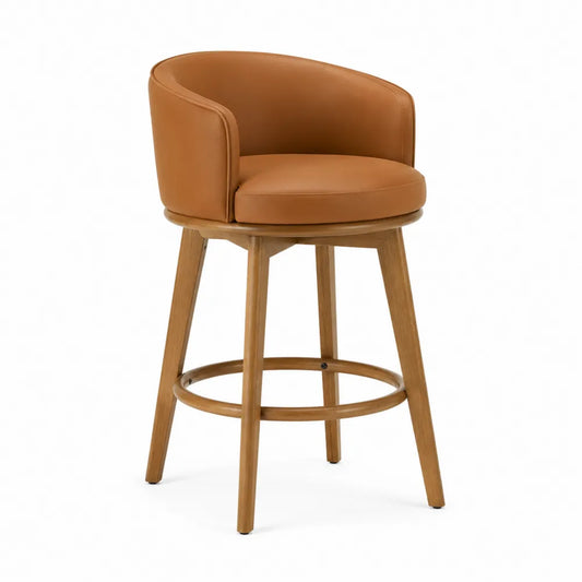 Sgabello da bar con schienale curvo imbottito seduta in pelle PU marrone struttura in legno naturale 45 x 50 x 95 cm