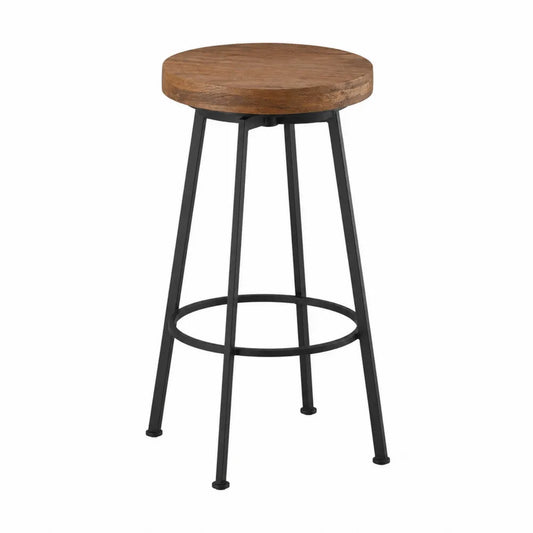 Sgabello da bar senza schienale con seduta rotonda in legno massello naturale e telaio in acciaio nero 40 x 40 x 75 cm