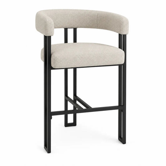 Sgabello da bar con schienale curvo seduta imbottita in tessuto bouclé beige telaio in acciaio nero 50 x 52 x 95 cm