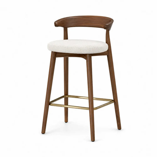 Sgabello da bar con schienale curvo in legno seduta rotonda imbottita in tessuto beige struttura in legno naturale 45 x 48 x 95 cm