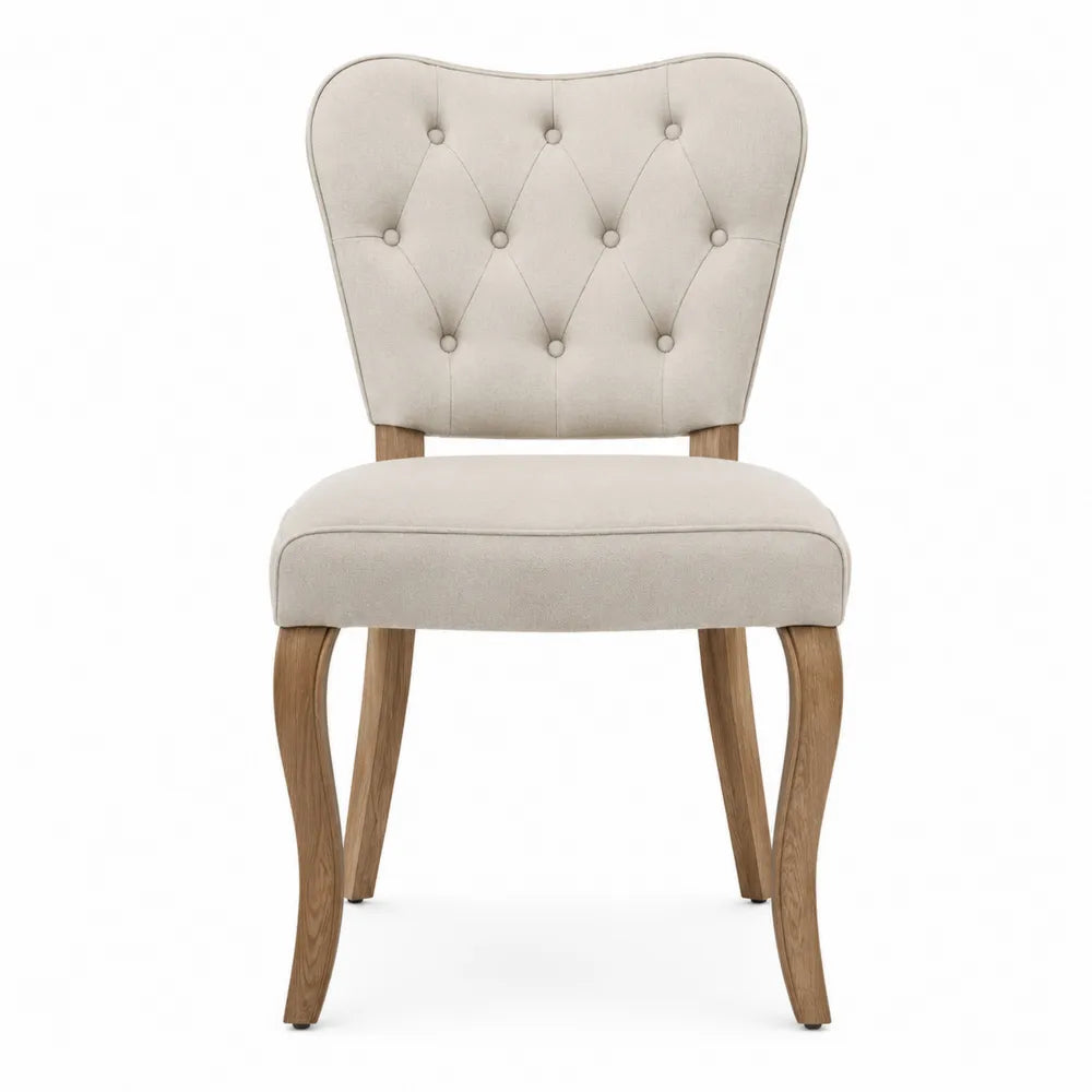 Sedia da pranzo imbottita in tessuto beige e legno naturale con schienale sagomato capitonné 45 x 55 x 85 cm
