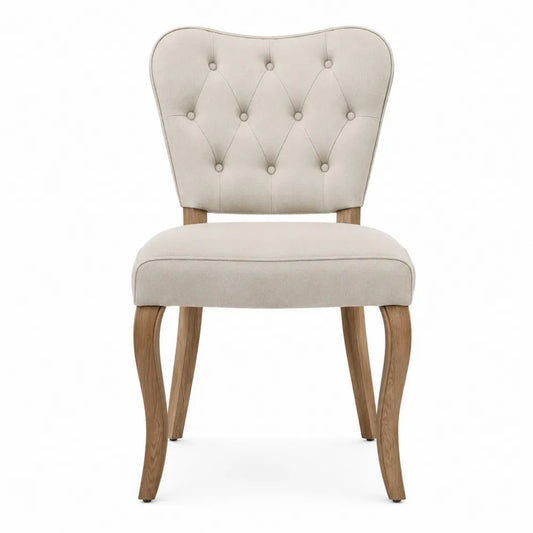 Sedia da pranzo imbottita in tessuto beige e legno naturale con schienale sagomato capitonné 45 x 55 x 85 cm