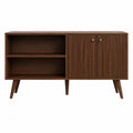 Mobile TV in MDF effetto rovere naturale con ante a doghe verticali e vani aperti 160 cm 40 cm 60 cm gambe in legno massello
