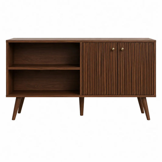 Mobile TV in MDF effetto rovere naturale con ante a doghe verticali e vani aperti 160 cm 40 cm 60 cm gambe in legno massello