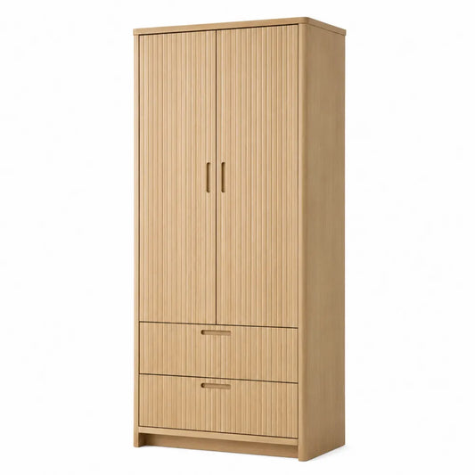 Armadio guardaroba rettangolare a 2 ante e 2 cassetti in MDF effetto rovere naturale con frontali scanalati 80 x 50 x 180 cm