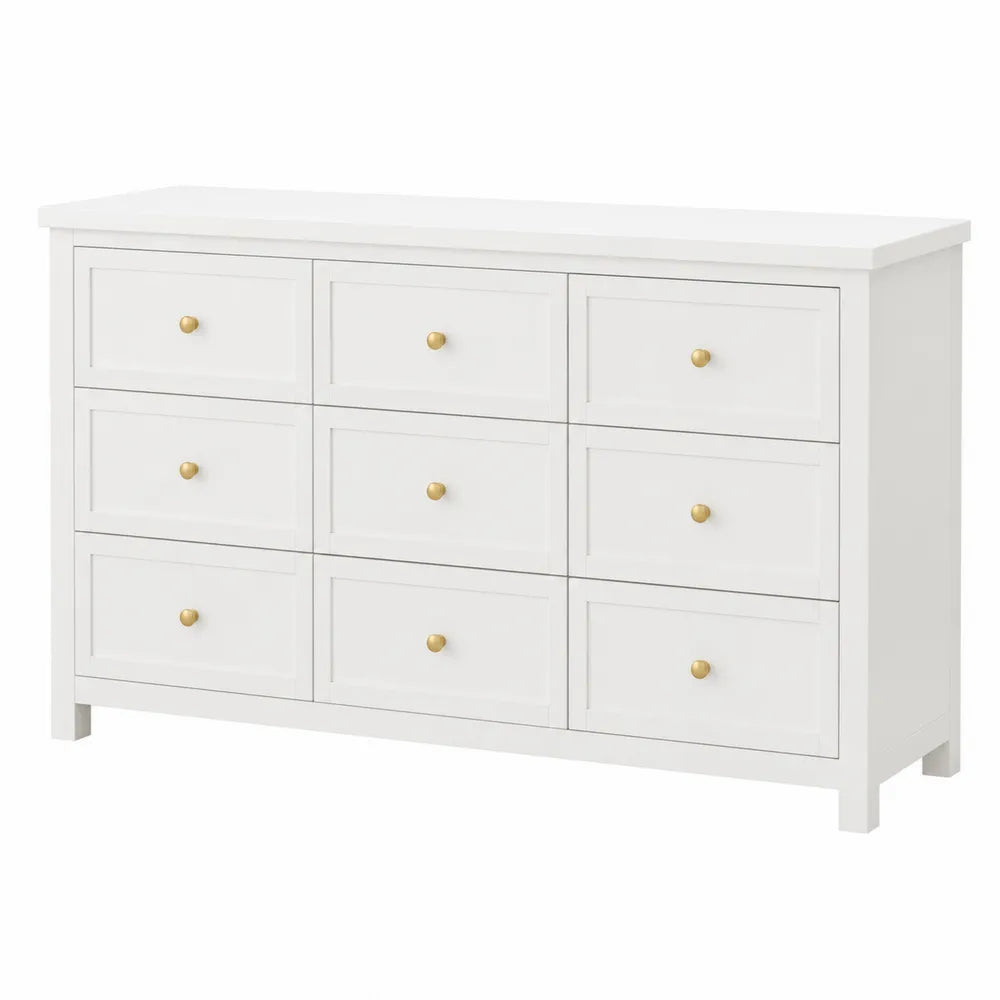 Cassettiera rettangolare a 9 cassetti in MDF bianco con pomelli dorati e base rialzata 150 x 40 x 80 cm
