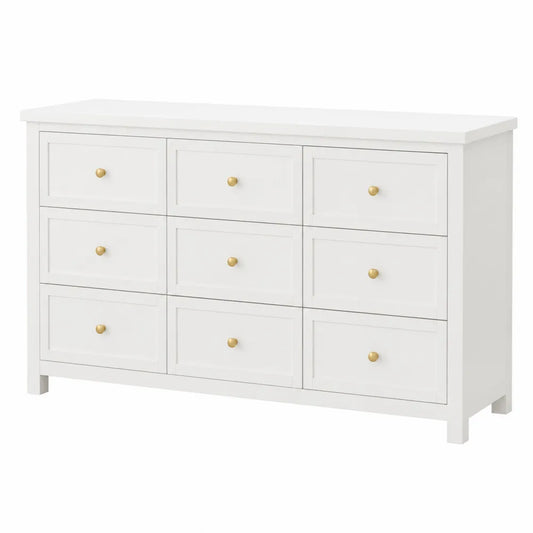 Cassettiera rettangolare a 9 cassetti in MDF bianco con pomelli dorati e base rialzata 150 x 40 x 80 cm