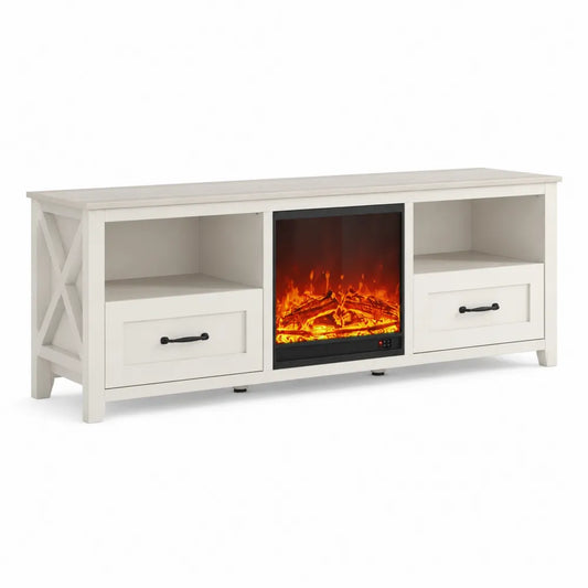Mobile TV con camino elettrico in MDF bianco con vani aperti e cassetti 160 cm 40 cm 60 cm