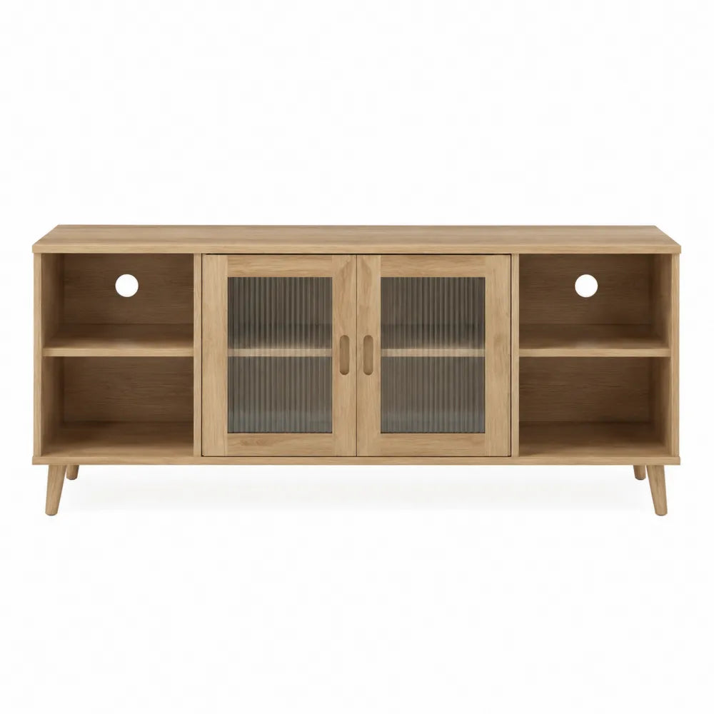 Mobile TV rettangolare in MDF effetto rovere chiaro con ante battenti in vetro rigato e vani aperti 160 x 40 x 55 cm