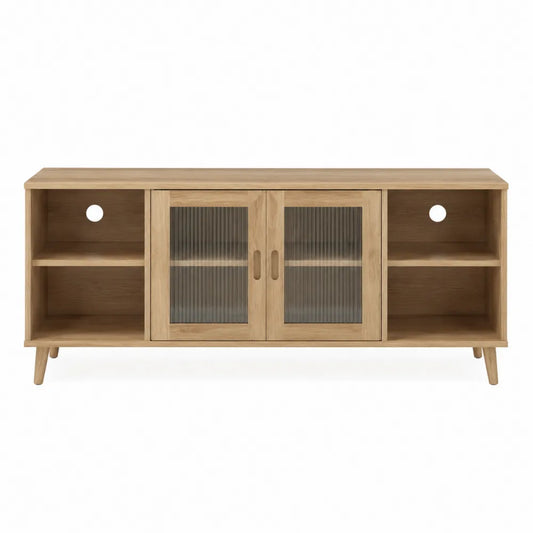 Mobile TV rettangolare in MDF effetto rovere chiaro con ante battenti in vetro rigato e vani aperti 160 x 40 x 55 cm