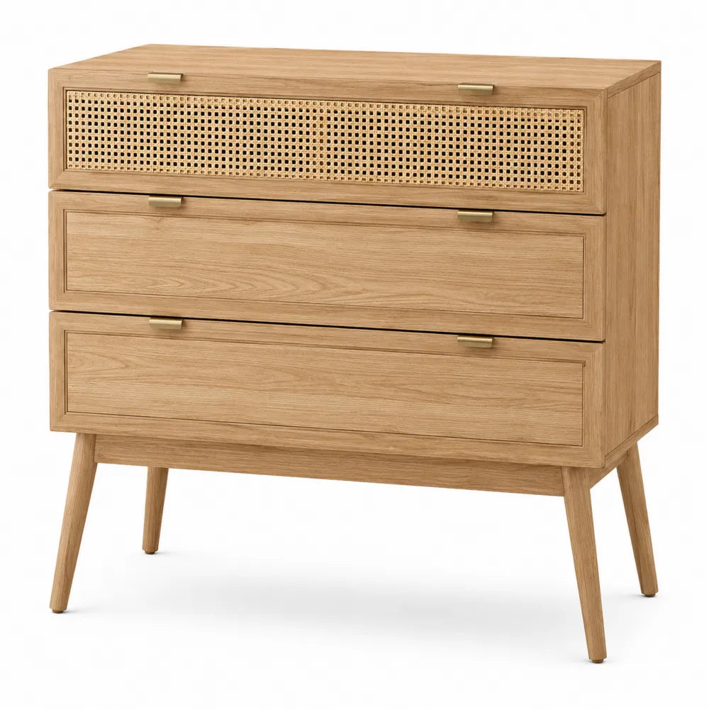 Cassettiera in MDF e legno con frontale in rattan naturale 3 cassetti struttura a due colonne gambe inclinate in legno rovere naturale beige e oro 120 x 40 x 85 cm
