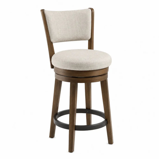 Sgabello da bar girevole con schienale e seduta rotonda imbottita in tessuto beige struttura in legno marrone e poggiapiedi nero 45 x 48 x 95 cm