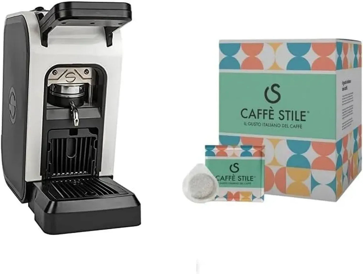 Macchina per Caffè Spinel Ciao Bianca con 50 Capsule ESE 44mm, Design Elegante in Bianco e Nero