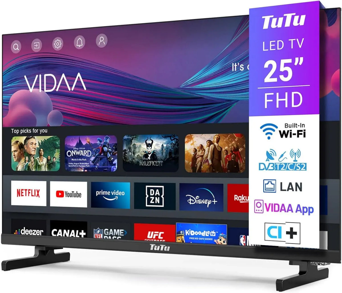 TuTu TV Intelligente 25 Pollici Full HD con Triplo Tuner, App Store, WiFi, HDMI e USB