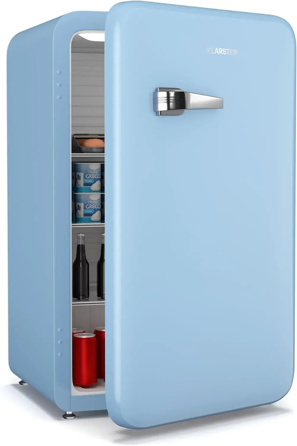 Frigorifero Compatto Klarstein Audrey Evo 112L Blu, Stile Retrò, Silenzioso 40 dB, Termostato Regolabile, Porta Reversibile per Casa e Ufficio