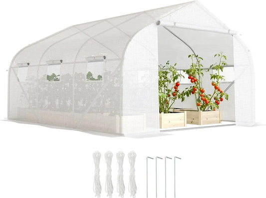 Serra da Giardino Tunnel Outsunny con 6 Finestre e Porta Avvolgibile, Struttura in Metallo e Rivestimento PE, Ideale per Ortaggi e Frutta, 4.5x3m, Bianco