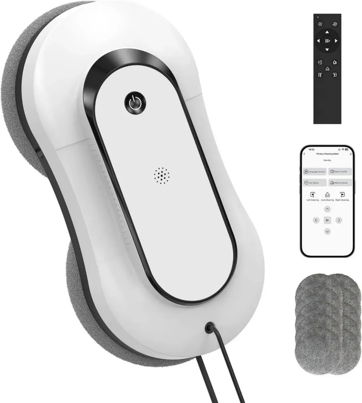 Pulitore Elettrico Intelligente per Finestre con App e Telecomando, Spruzzo Doppio, Adatto a Vetri Interni ed Esterni, 12 Panni Inclusi, Bianco