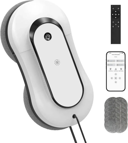 Pulitore Elettrico Intelligente per Finestre con App e Telecomando, Spruzzo Doppio, Adatto a Vetri Interni ed Esterni, 12 Panni Inclusi, Bianco