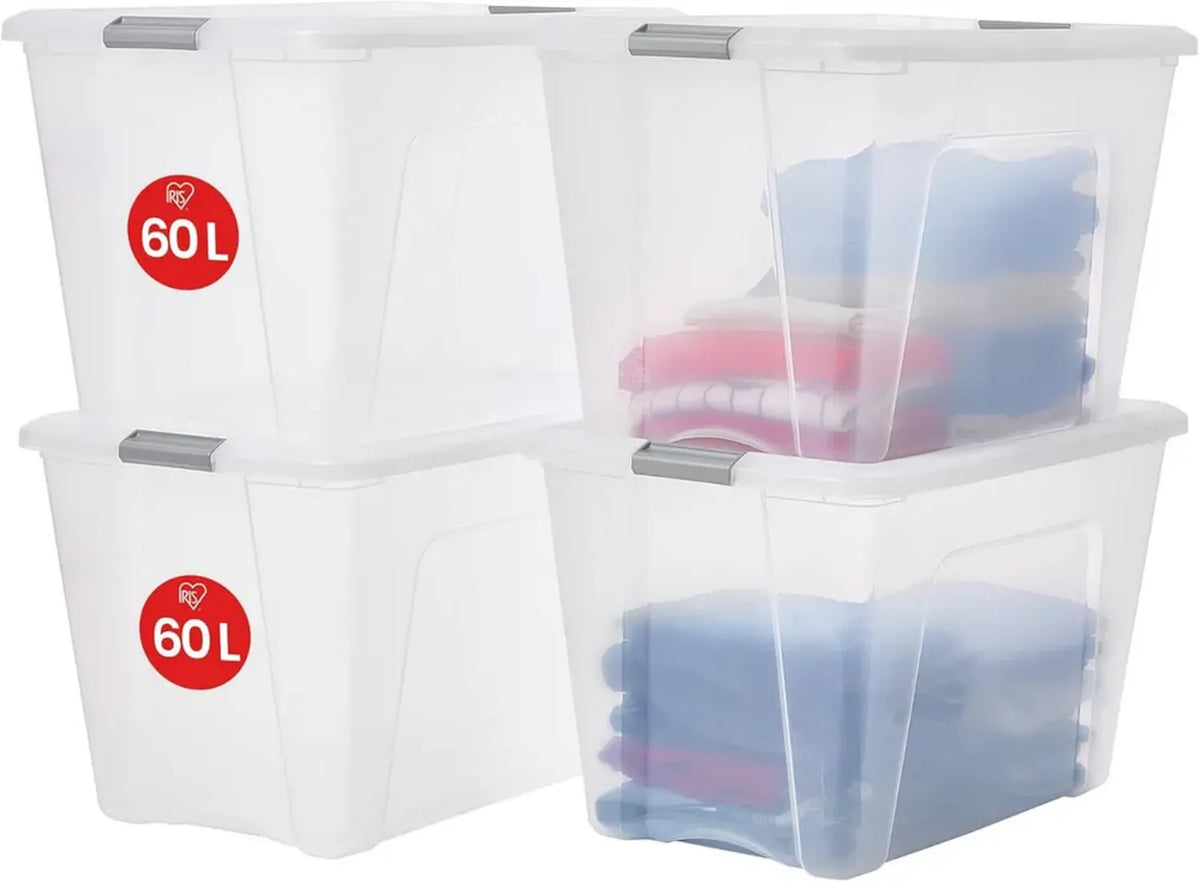 Iris Ohyama Set di 4 Contenitori Impilabili 60L in Plastica, Trasparente con Maniglie Argento, Senza BPA, Ideali per Casa e Ufficio