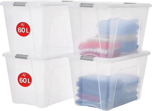 Iris Ohyama Set di 4 Contenitori Impilabili 60L in Plastica, Trasparente con Maniglie Argento, Senza BPA, Ideali per Casa e Ufficio