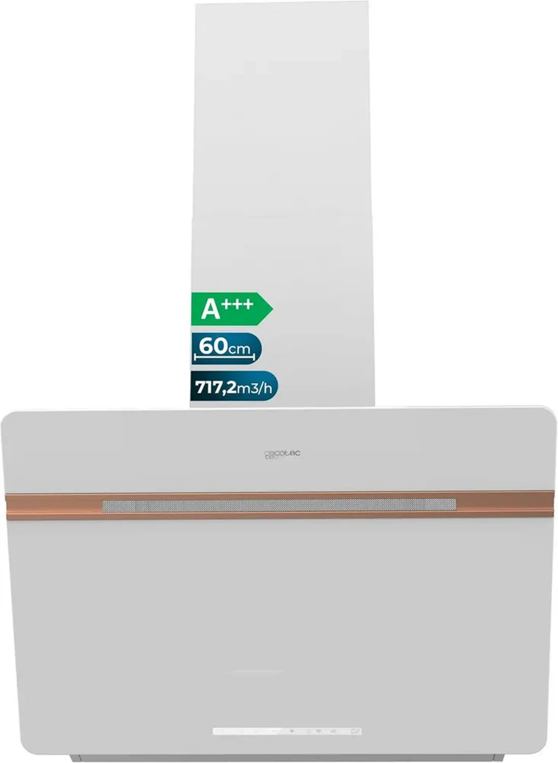 Cappa Aspirante Cecotec 60 cm Bolero Flux DT 607500 Bianca A+++, 717,2 m³/h, Booster, Vetro Opaco, Dettagli Rame, Filtri in Alluminio