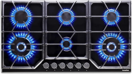 Piano Cottura a Gas 90 cm Vetro Nero, PremierTech 6 Fuochi con Doppi Bruciatori Wok e Supporti in Ghisa