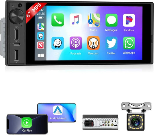 Autoradio 1 Din con CarPlay e Android Auto, Schermo da 6 Pollici, Bluetooth 5.2, Mirror Link, Radio FM, Porta Type-C, USB, TF, AUX, Controllo Volante, EQ, con Telecamera Posteriore