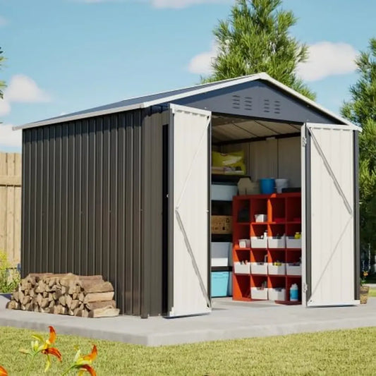 Capanno in acciaio verniciato 240x192x191 cm con porta scorrevole e ventilazione, grigio, ideale per giardino e terrazzo