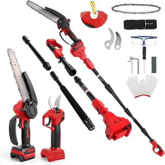 Motosega compatta 8 pollici con asta telescopica, cesoie elettriche 28 mm, kit giardinaggio 4 in 1, compatibile batteria Milwaukee 18V, estensione 4 m