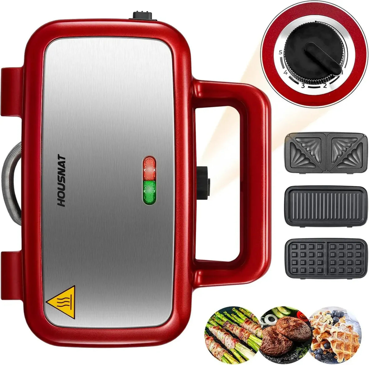 Sandwich Maker 3 in 1 - Tostiera Multiuso 1200 W - Controllo Temperatura a 5 Velocità - Waffle Belgi - Rivestimento Antiaderente - Ideale per Colazione, Rosso