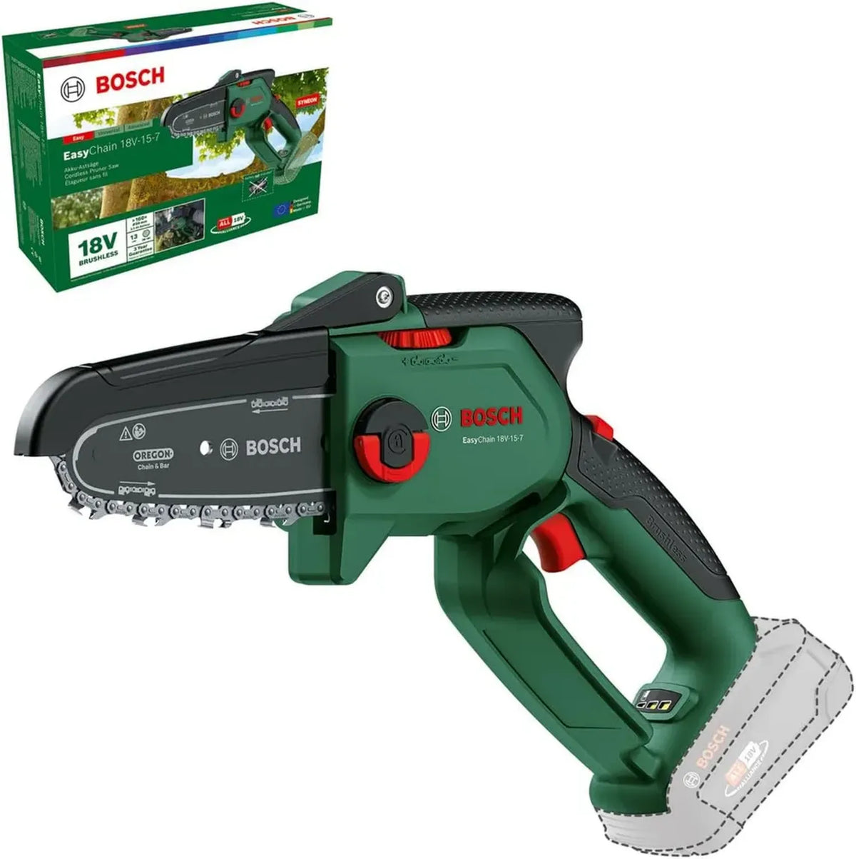 Motosega a Batteria Bosch EasyChain 18V-15-7 per Legno, Sistema 18V, Velocità Catena 6.95 m/s, Escluso Batteria