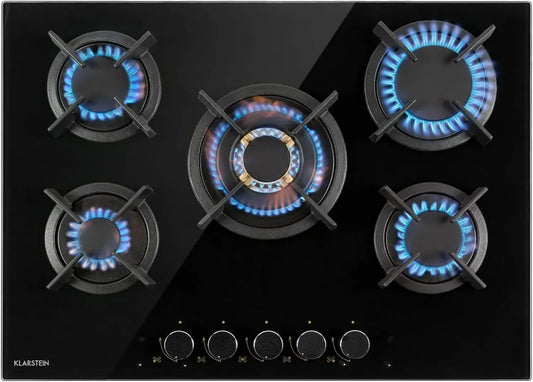 Piano Cottura a Gas Klarstein, 5 Fuochi con Potenza 10400W, Vetro e Acciaio Inossidabile