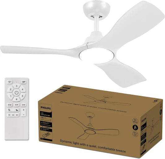 Ventilatore da Soffitto Philips con Luce LED, 3 Pale, 106 cm, Motore DC Silenzioso, 28W, 3 Temperature di Colore, Dimmerabile con Telecomando