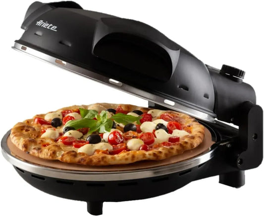 Forno per Pizza Ariete 917 - Cottura Rapida in 4 Minuti - Piastra Refrattaria Antiaderente - Fino a 400°C - 1200W - Timer 30 Minuti - Colore Nero