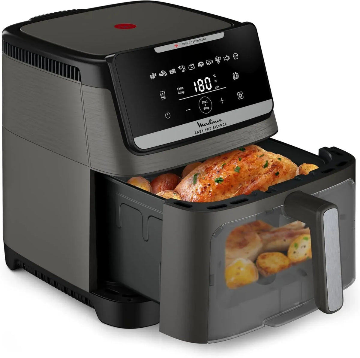 Friggitrice ad Aria 7L Moulinex, Silenziosa e Compatta per 8 Persone, Cestello Rimovibile, Finestra di Visualizzazione