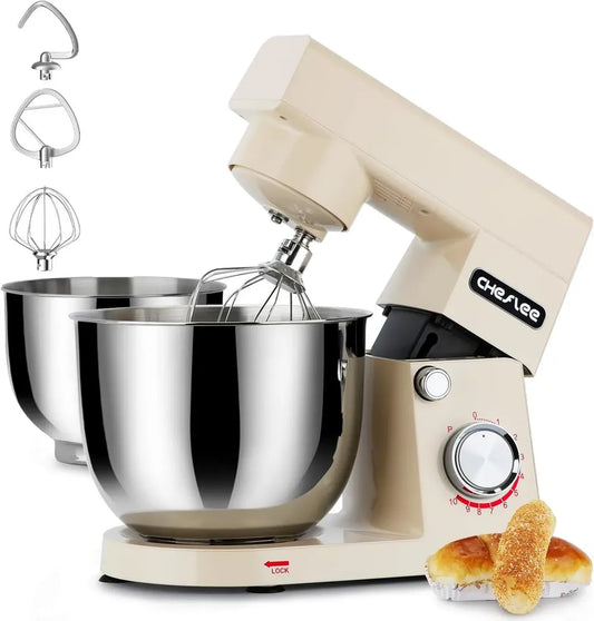 Impastatrice Planetaria CHeflee 1500W, Robot da Cucina Multifunzione con Ciotola in Acciaio Inox 4,5 e 5,5 L, 10 Velocità, Accessori per Mescolare e Impastare (Crema)