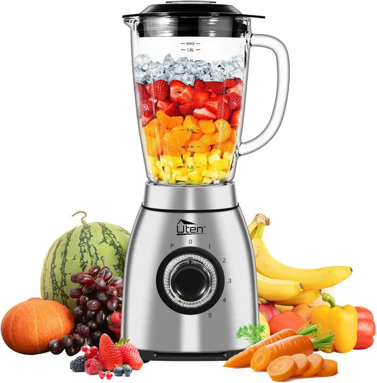 Frullatore Uten 1800W 2L, 5 Velocità, Impulso, Bicchiere in Vetro, Acciaio Inox, per Smoothie e Caffè